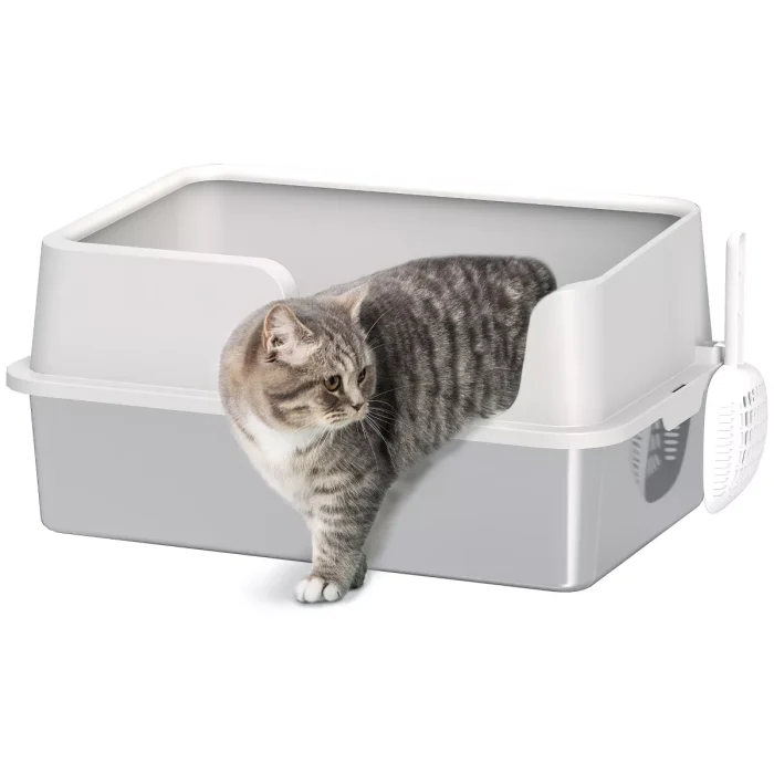 Stainless Steel Litter Box, XL Enclosed Cat Litter Box for Big Cats with High Side, Scoop, Easy Cleaning & Anti-Urine Leakage, Light Gray
