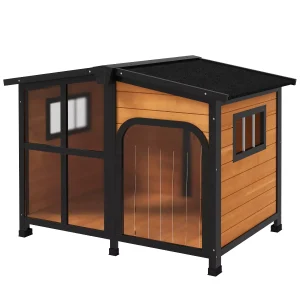 Gulches Outside Cabin-Style Wooden Dog House for Large Dogs with Openable Roof & Giant Window, Outdoor & Indoor Big Dog House, Asphalt Roof, Yellow