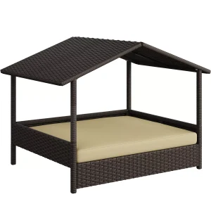 Rattan Dog House with Canopy and Water-Resistant Cushion