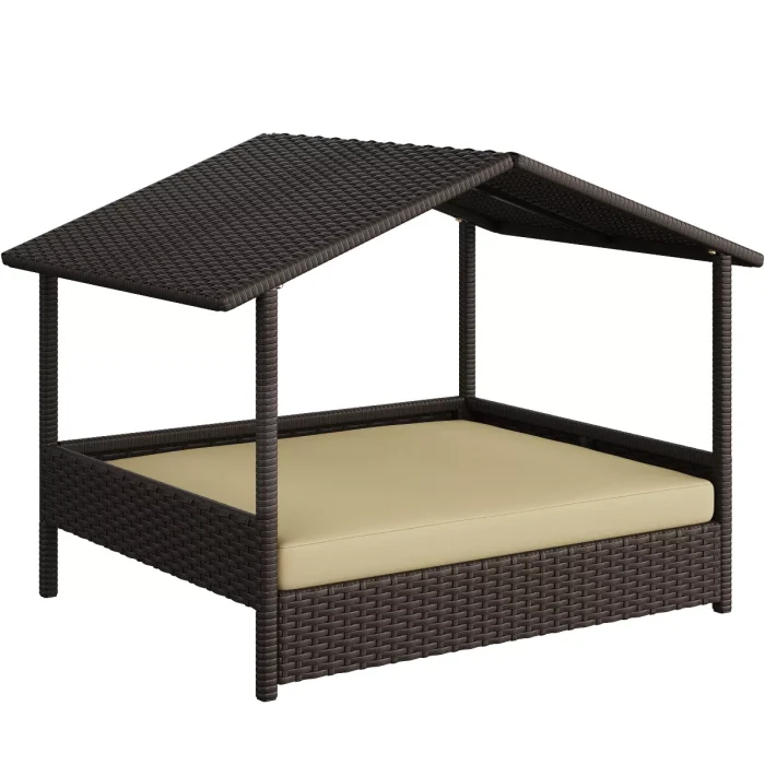 Rattan Dog House with Canopy and Water-Resistant Cushion