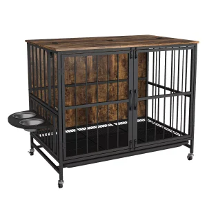 37.79 inch Double-Door Dog House with Multi-Purpose Rremovable Ttray, 3 Height Adjustable Feeding Bowls-Brown