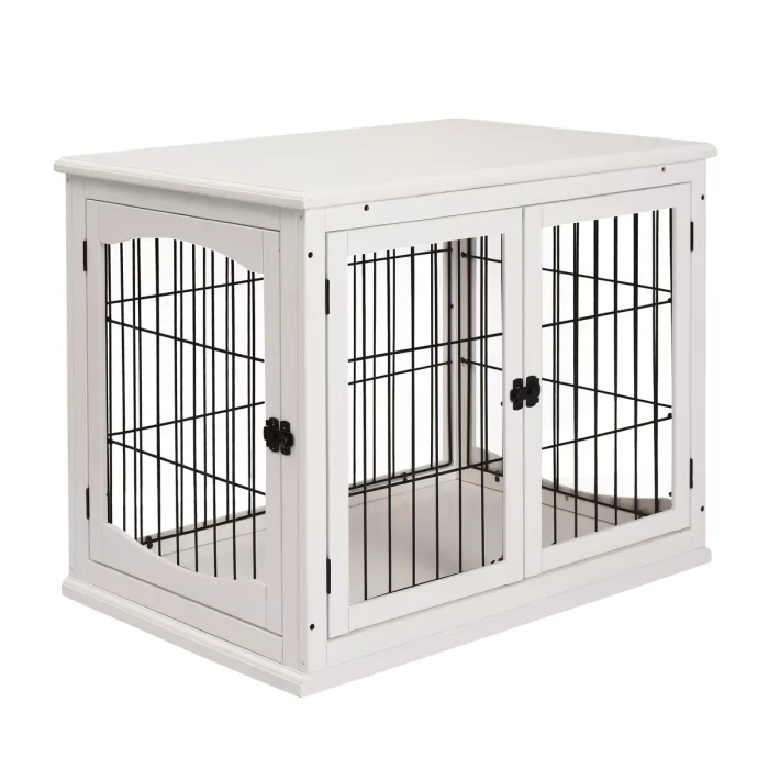 26" Wooden Dog Crate, Furniture Style Pet Cage Kennel, End Table, with Lockable Double Door Entrance, and Top Shelf