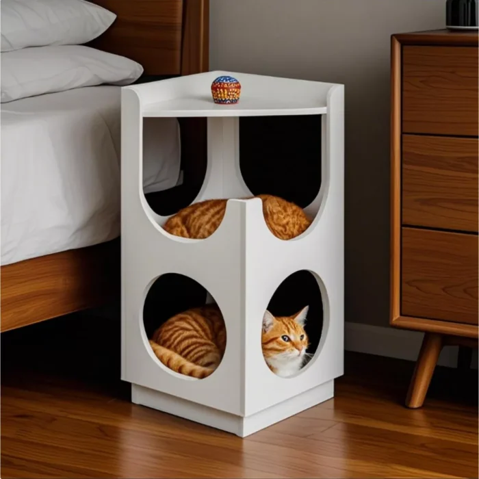 Hollow Design Multifunctional Double-Layer Cat Station for Living Room Bedroom, Cat house, Cat Nest, Creamy White, 13.78"*13.78"*27.56"