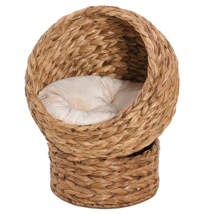 Weaved Elevated Cat Bed, Hand Made Braided Banana Leaf Pet House Nest with Cushio n for Kitten