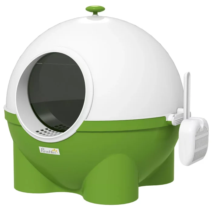 PawHut Hooded Cat Litter Box, Large Kitty Litter Pan with Lid, Scoop, Leaking Sand Pedal, Top Handle, Dark Green