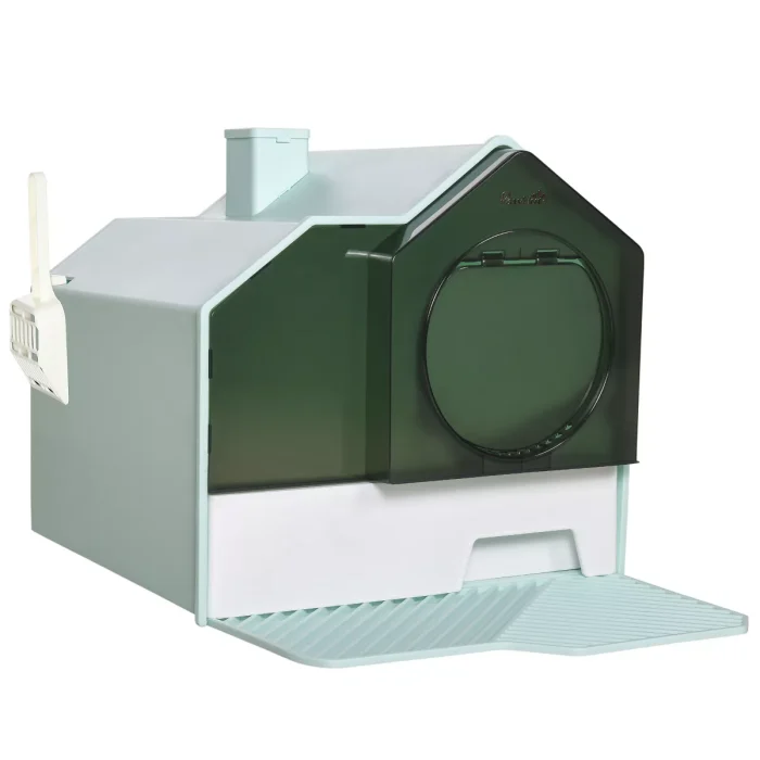Hooded Cat Litter Box with Kitty Litter Mat, Easy-Clean Pull-Out Drawer, Dog Proof, House Shape Hooded Pan, Scoop, Light Blue