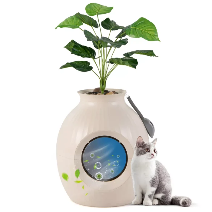 Hidden Litter Box Plant Cat Litter Box Enclosure Furniture with Odor Removal System 4 Modes Lights Artificial Plant