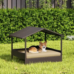 Rattan Dog House with Canopy and Water-Resistant Cushion