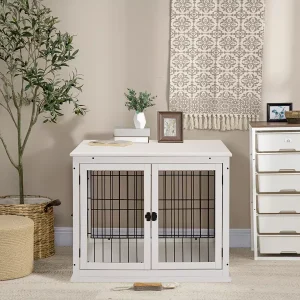 26" Wooden Dog Crate, Furniture Style Pet Cage Kennel, End Table, with Lockable Double Door Entrance, and Top Shelf
