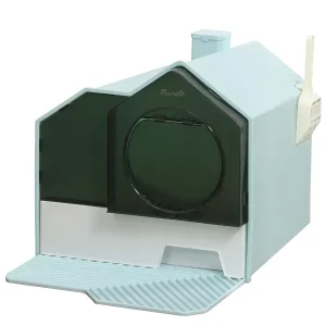 Hooded Cat Litter Box with Kitty Litter Mat, Easy-Clean Pull-Out Drawer, Dog Proof, House Shape Hooded Pan, Scoop, Light Blue