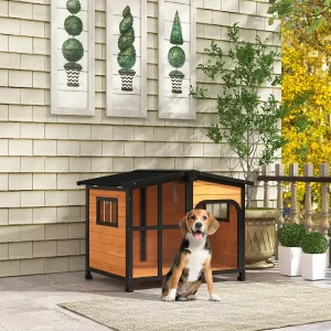 Gulches Outside Cabin-Style Wooden Dog House for Large Dogs with Openable Roof & Giant Window, Outdoor & Indoor Big Dog House, Asphalt Roof, Yellow
