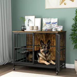 37.79 inch Double-Door Dog House with Multi-Purpose Rremovable Ttray, 3 Height Adjustable Feeding Bowls-Brown