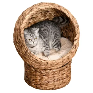 Weaved Elevated Cat Bed, Hand Made Braided Banana Leaf Pet House Nest with Cushio n for Kitten